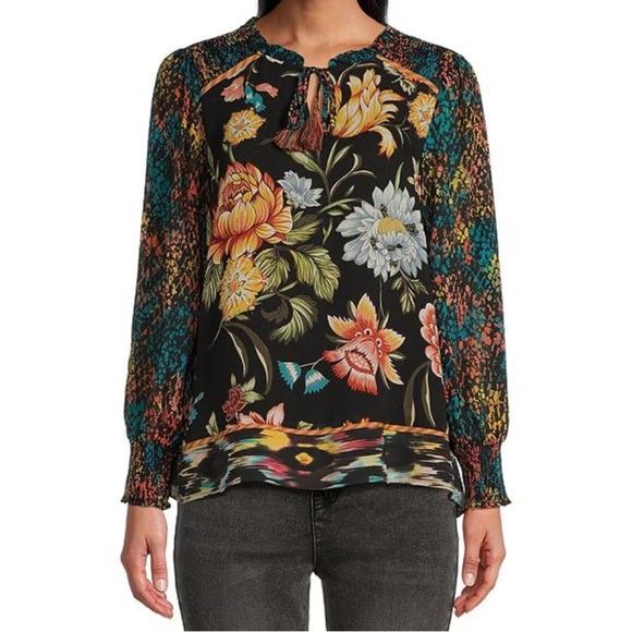 John Mark Top Sz L Mixed Print Animal Print Blouse Floral Tassel Shirring Artsy - Picture 2 of 14